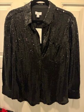 crown & ivy Black Sequin Button-Down Shirt